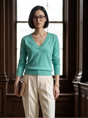 Lacoste Mint Green 100% Cotton V-Neck Sweater Size Small/36